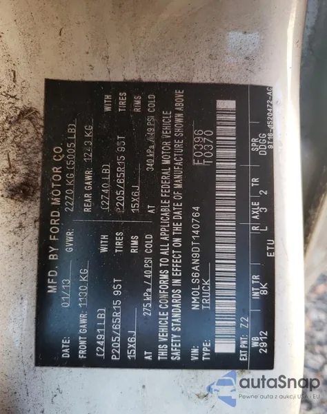 2013 Ford Transit Connect Xl z USA, uszkodzony, nr VIN NM0LS6AN9DT140764